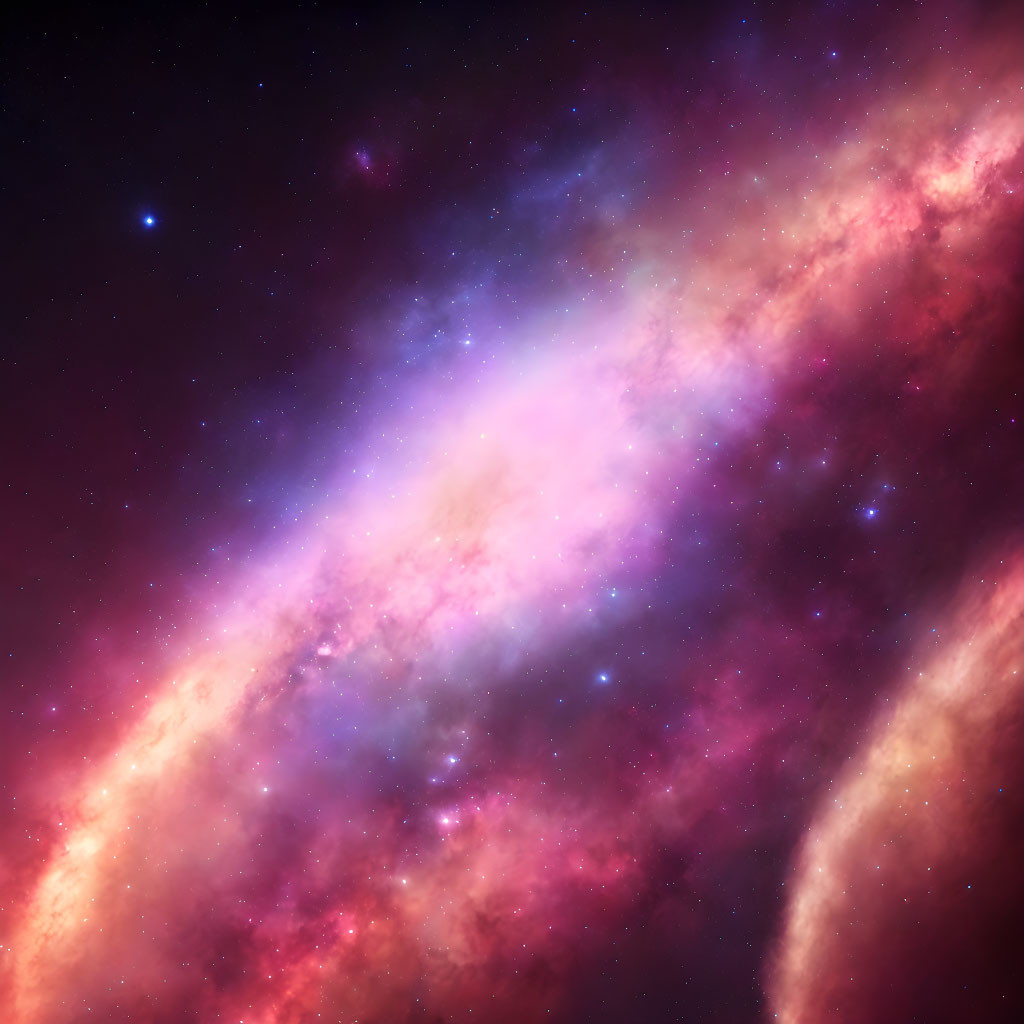 Colorful cosmic scene featuring pink, purple, and blue nebula with scattered stars.