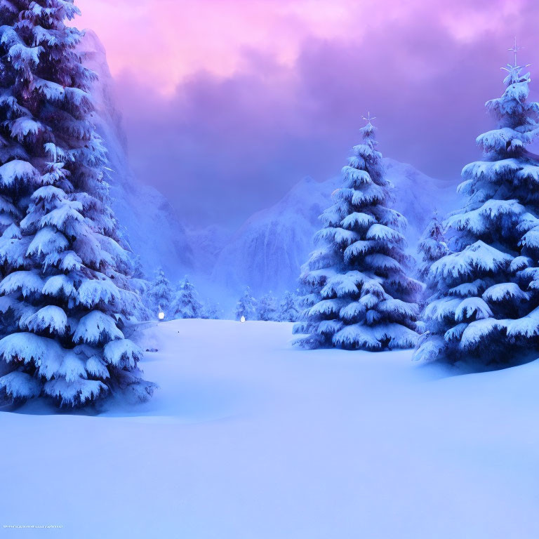 Twilight snow-covered pine trees under purple and pink sky