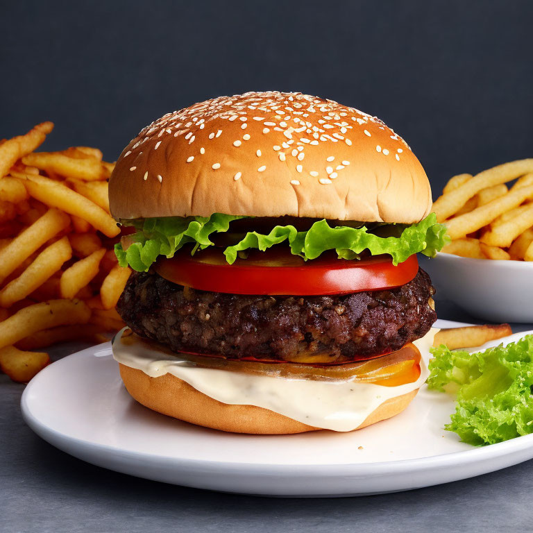 Classic Cheeseburger with Lettuce, Tomato, and Mayonnaise on Sesame Seed Bun