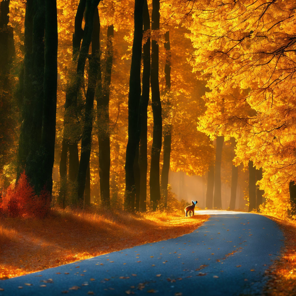 Autumn forest scene with deer on curving road