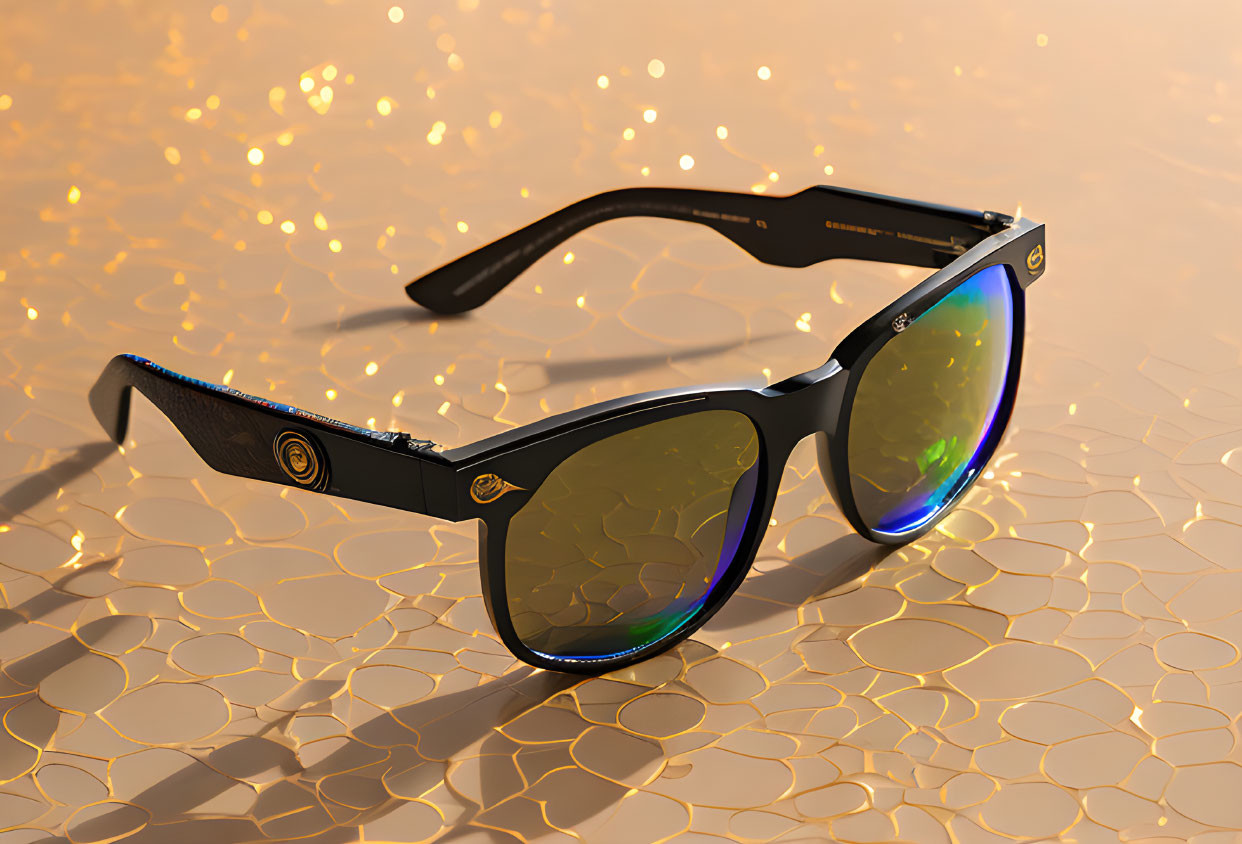 Black Sunglasses with Multicolored Reflective Lenses on Textured Golden Surface