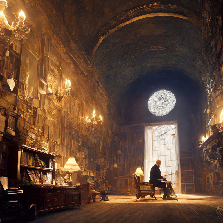 Sunlit grand library with towering bookshelves and ornate chandeliers