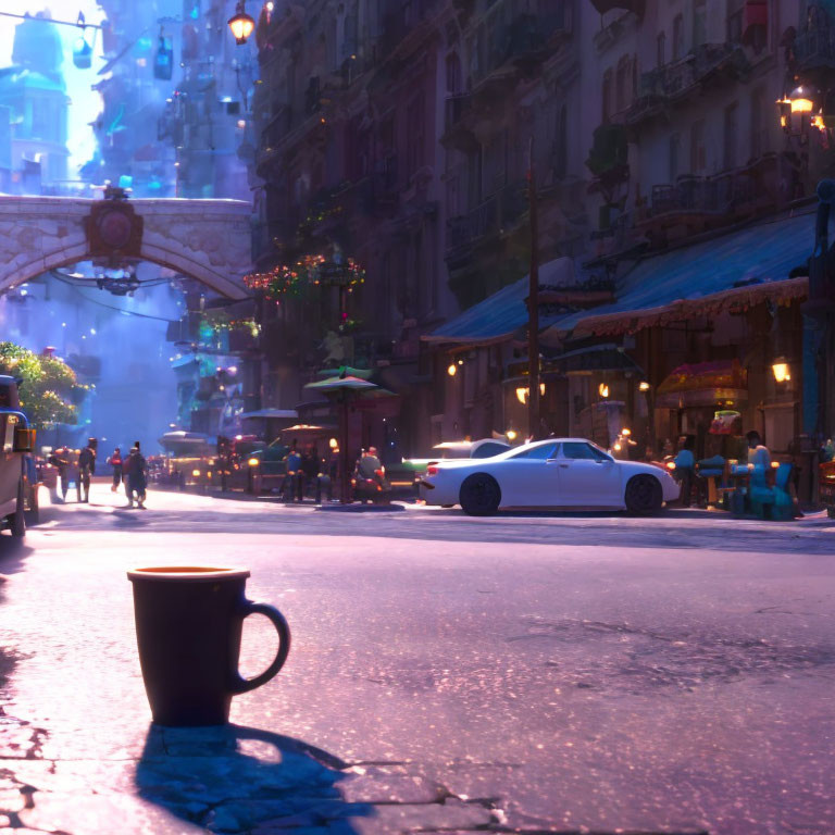 Close-up coffee cup with city street background at night