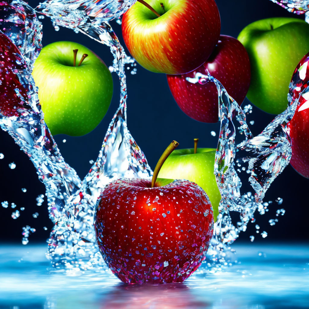 Assorted apples with water splash on dark background