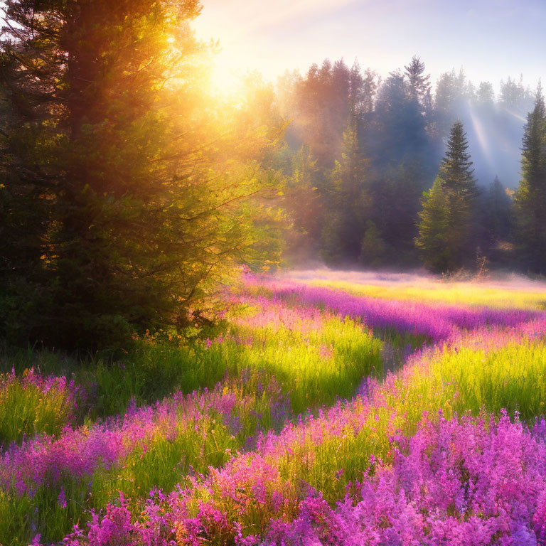 Scenic Sunrise over Vibrant Purple Wildflower Meadow