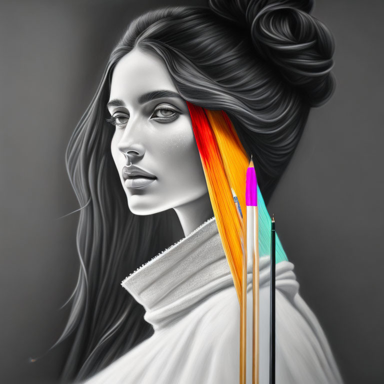 Monochrome portrait of a woman with colored streak in hair and integrated pencils