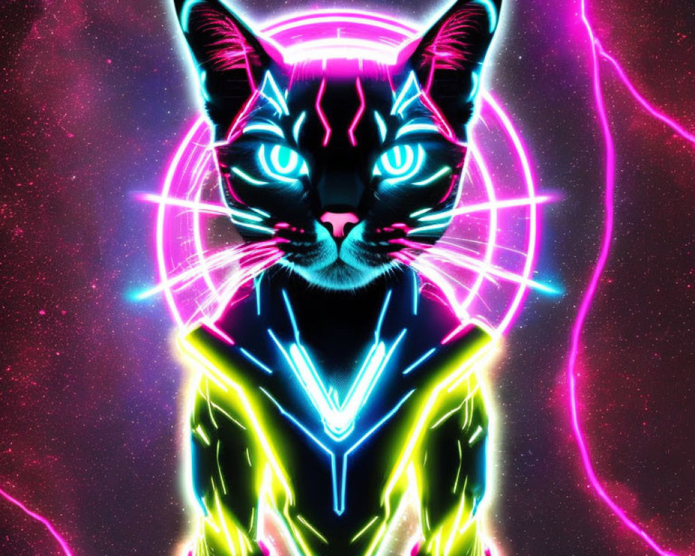 Neon Cat Illustration with Vibrant Colors