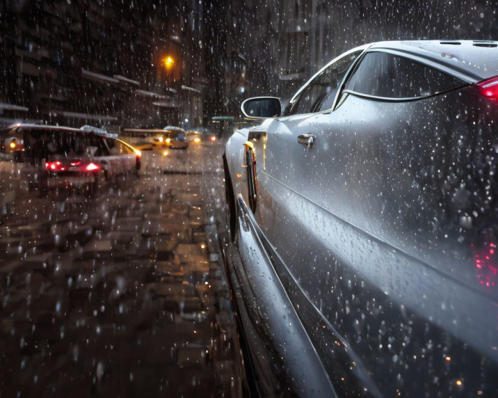 Silver car on wet city street at night with raindrops and blurred cars.