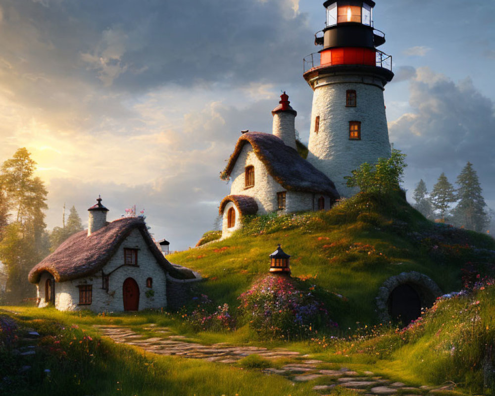 Thatched roofs on lighthouse and cottage in serene sunrise landscape