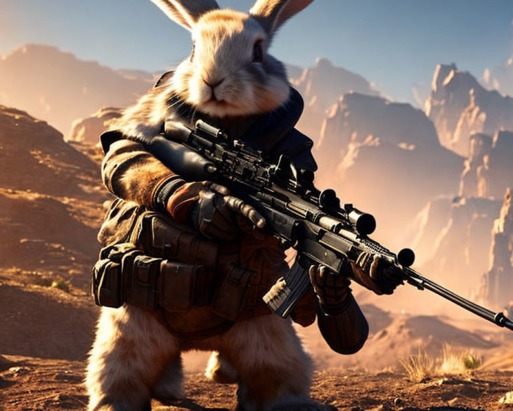 Anthropomorphic Rabbit in Tactical Gear with Sniper Rifle in Desert