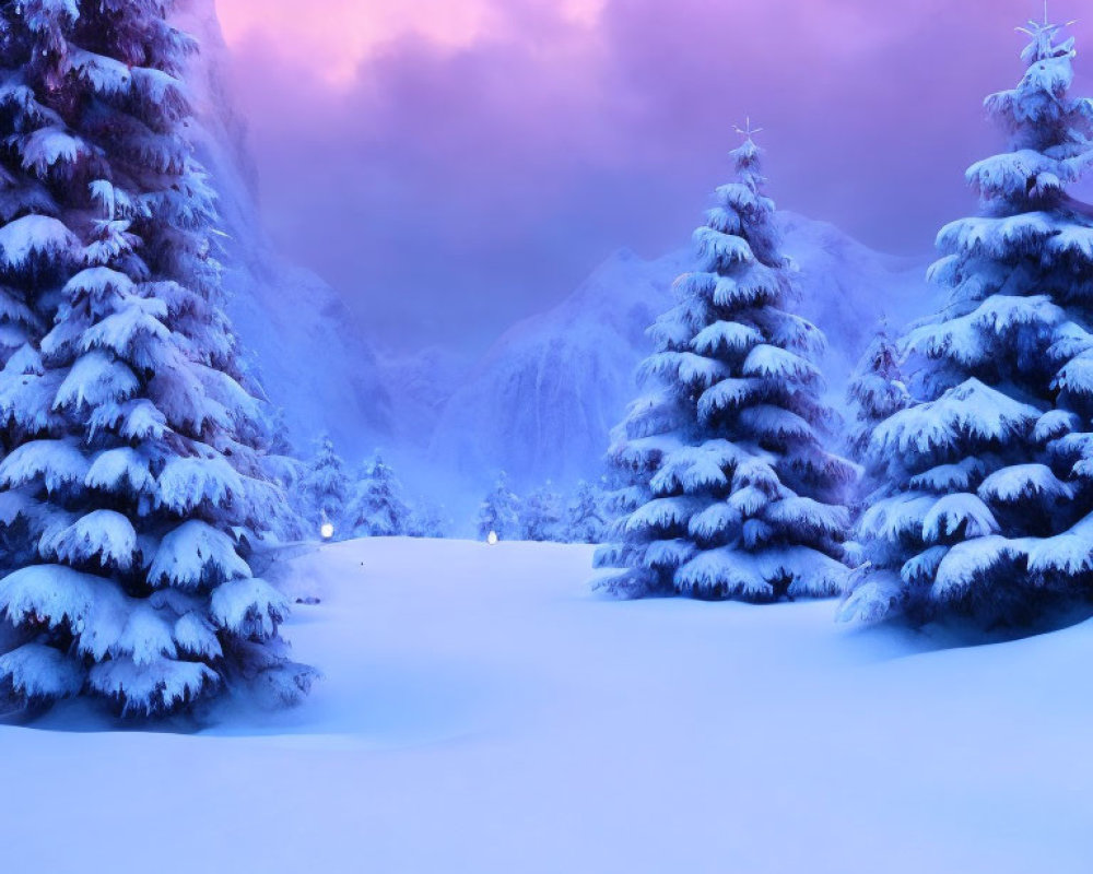 Twilight snow-covered pine trees under purple and pink sky