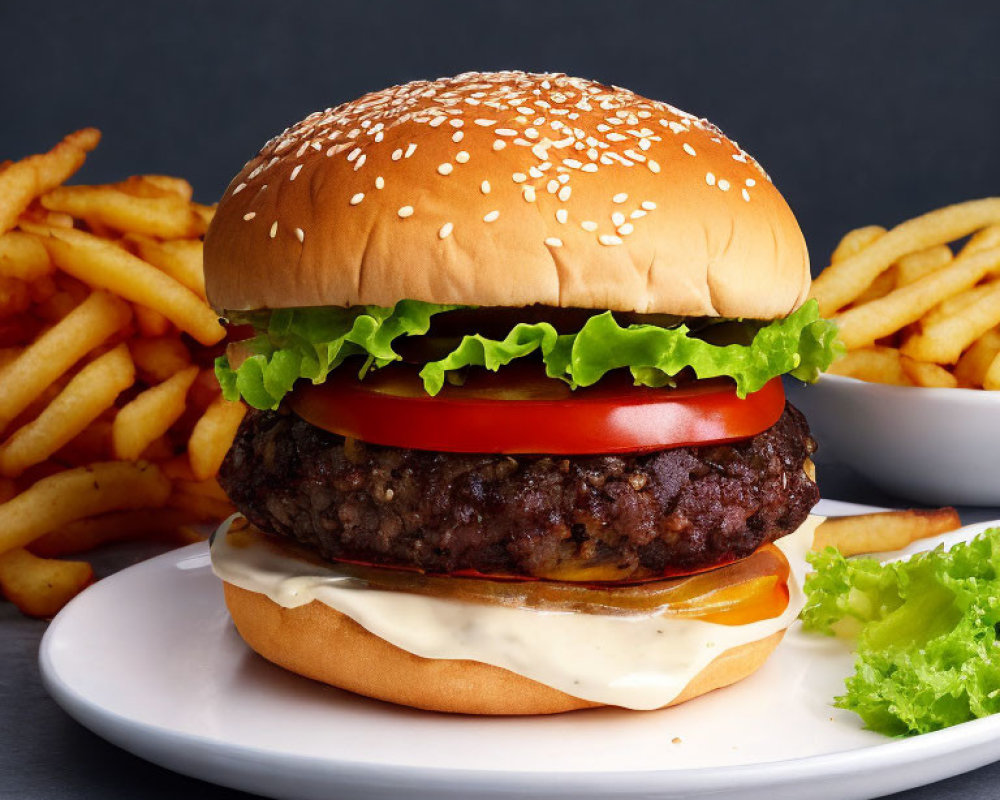 Classic Cheeseburger with Lettuce, Tomato, and Mayonnaise on Sesame Seed Bun