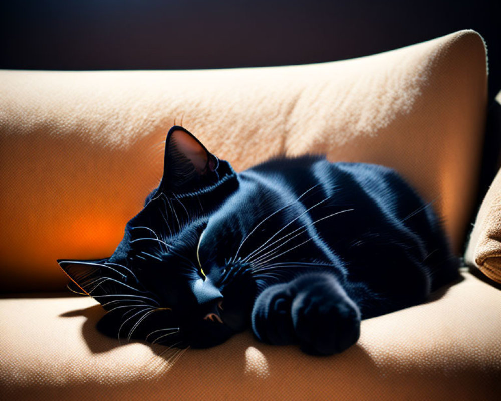 Black Cat Relaxing on Orange Sofa with Warm Light