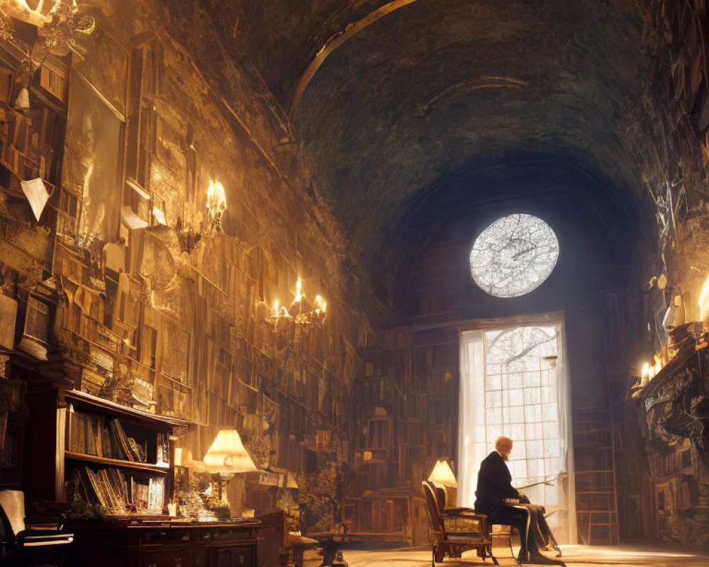 Sunlit grand library with towering bookshelves and ornate chandeliers