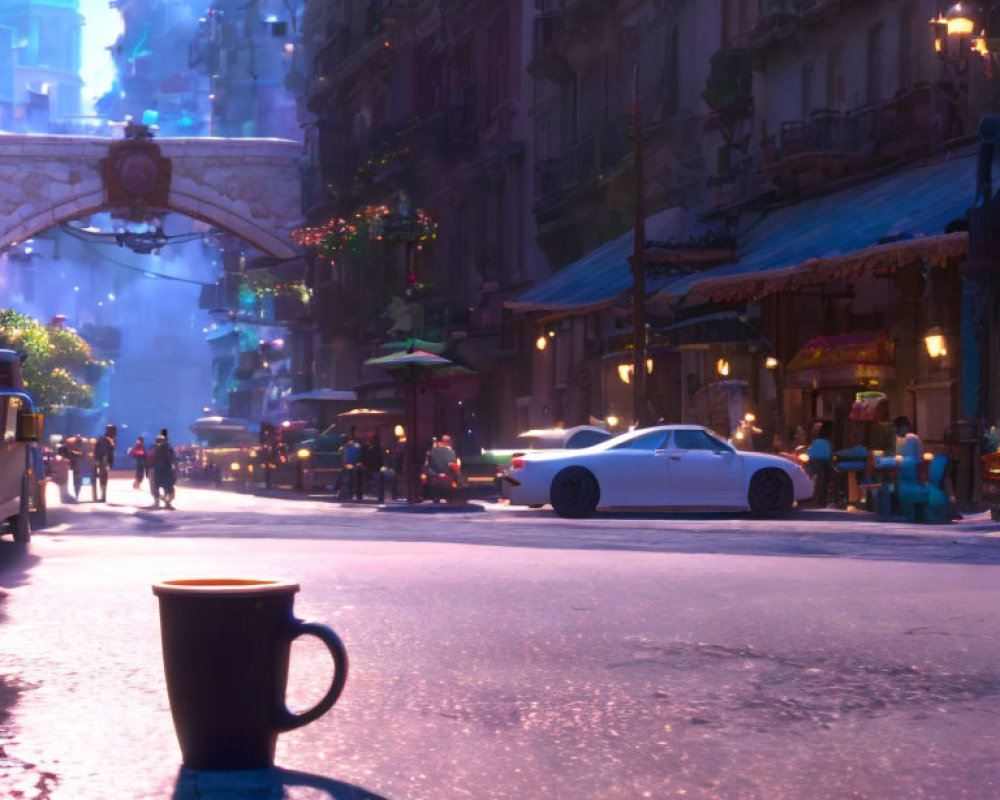 Close-up coffee cup with city street background at night