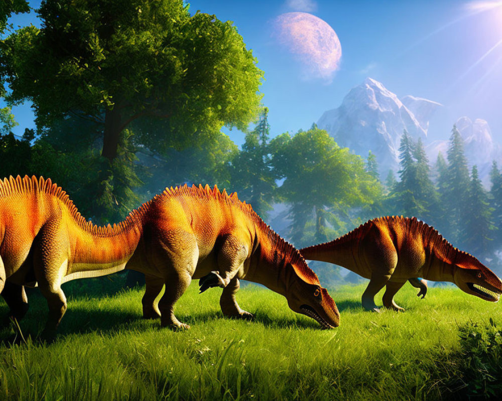 Three Large Orange Dinosaurs Grazing in Prehistoric Forest