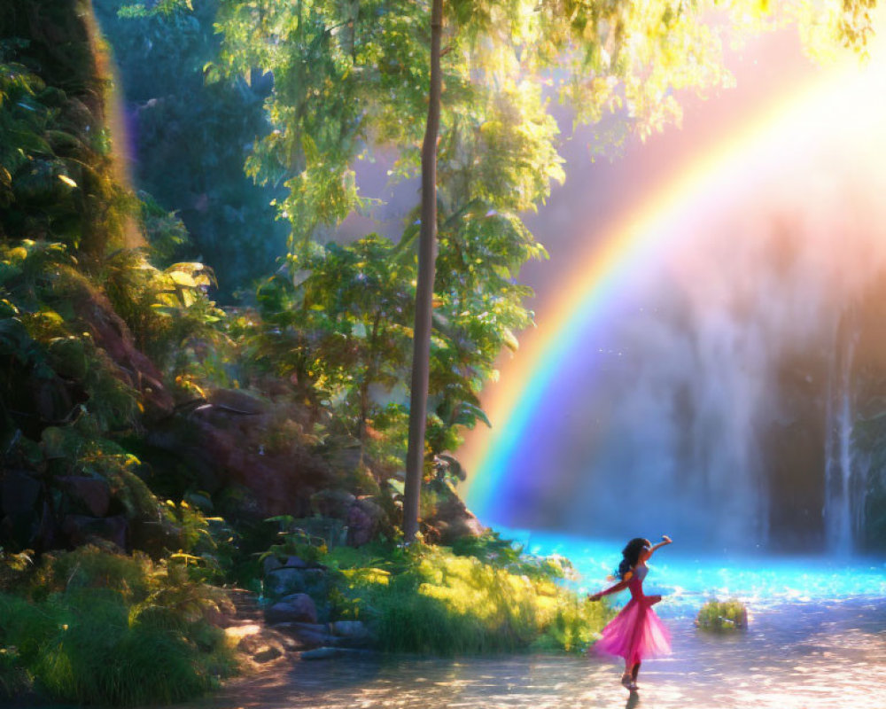 Colorful animated girl dancing in nature scene with rainbow and waterfall