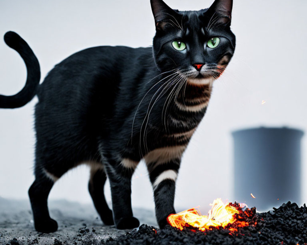 Striking green-eyed black cat near small fire at dusk or dawn