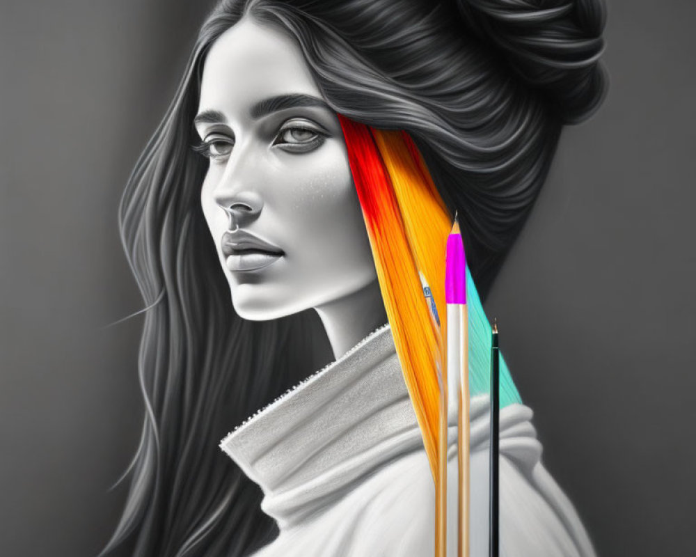 Monochrome portrait of a woman with colored streak in hair and integrated pencils