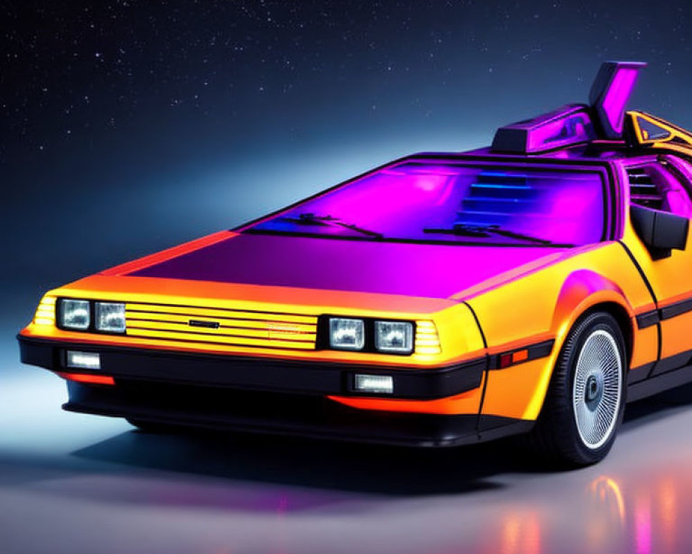 Colorful retro-futuristic DeLorean illustration on starry night sky