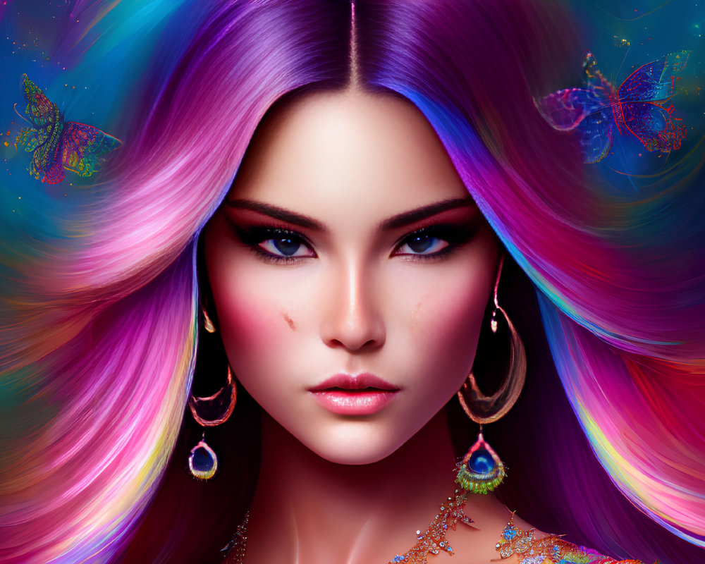 Vibrant multicolored hair woman with butterflies and jewelry