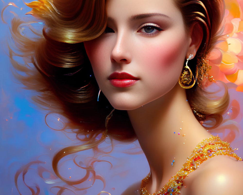 Vibrant digital artwork of a woman with flowing hair and sparkling jewelry