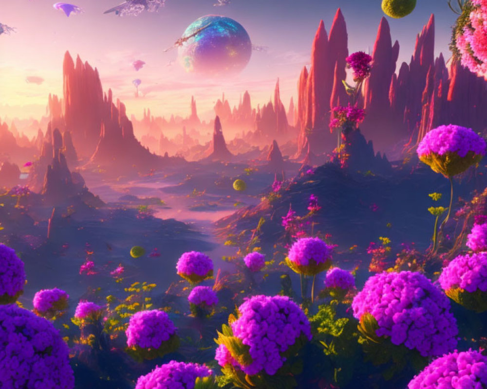 Colorful alien landscape with purple foliage, floating islands, and pink sky.