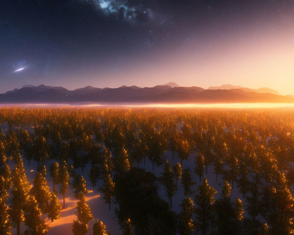 Starry night landscape over snowy forest at sunrise or sunset