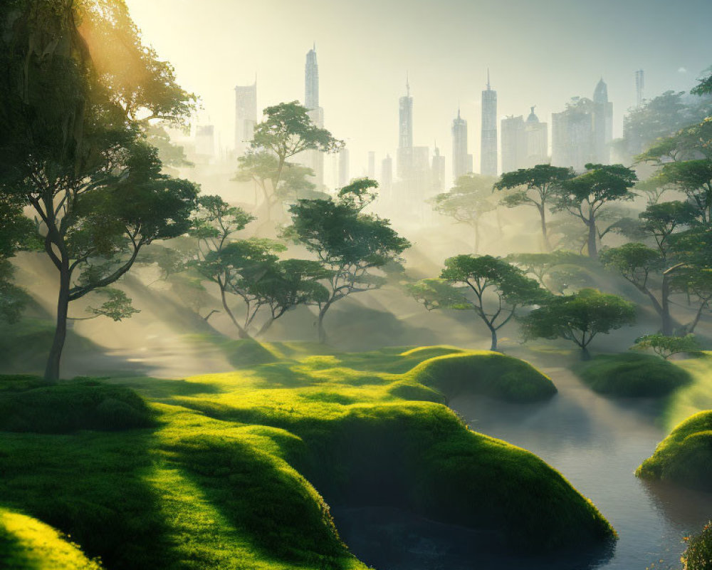 Lush greenery, misty waters, and futuristic skyline in serene landscape