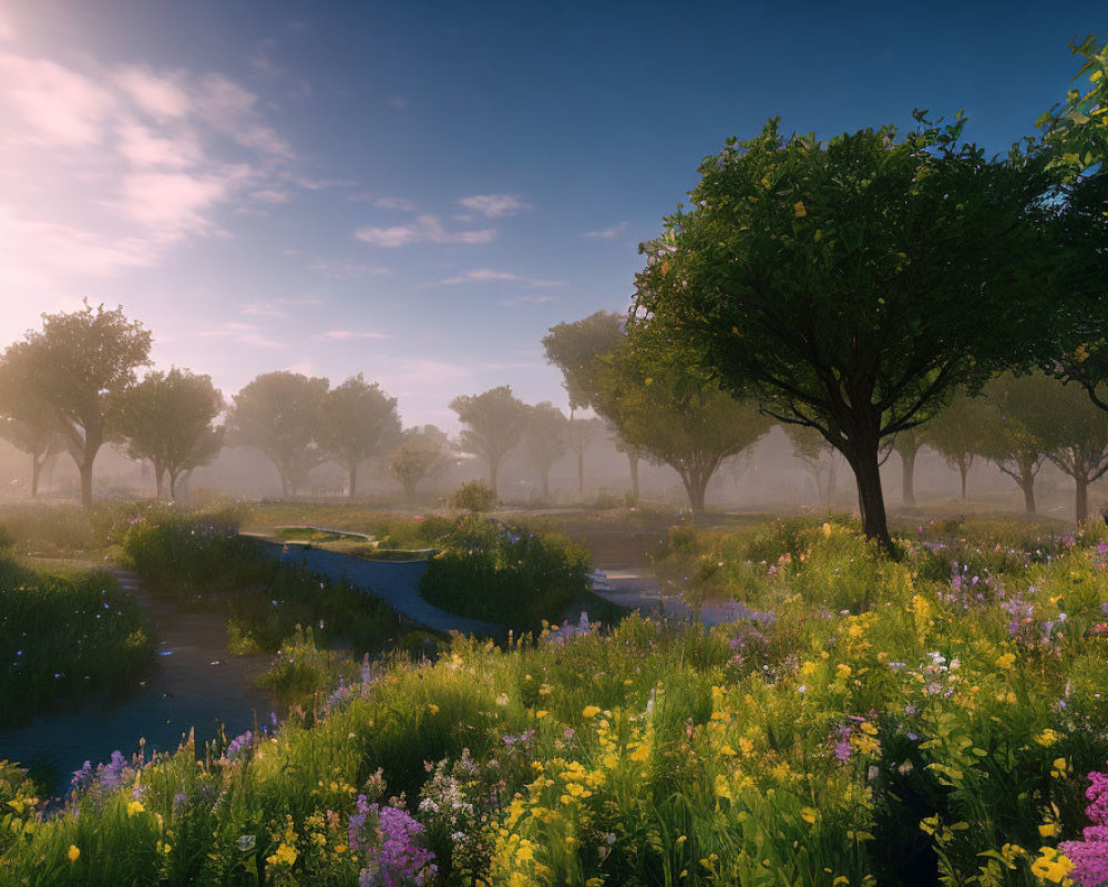 Tranquil sunrise landscape with wildflowers, trees, and meandering stream