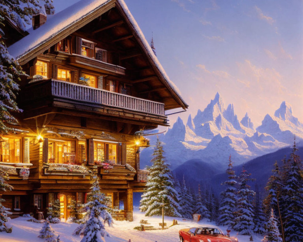 Snowy landscape with illuminated chalet and mountains at dusk