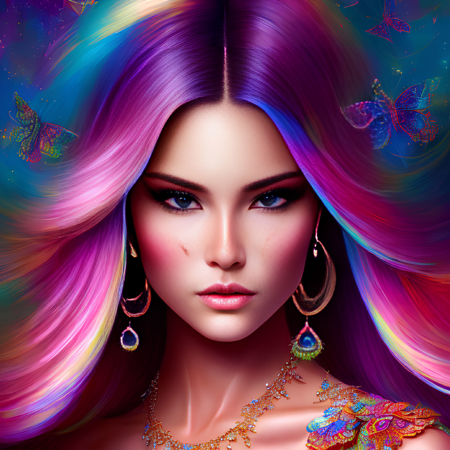 Vibrant multicolored hair woman with butterflies and jewelry