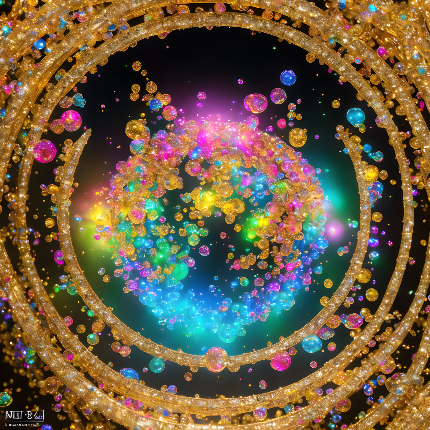 Colorful Digital Artwork: Sparkling Circles and Glittering Orbs on Dark Background