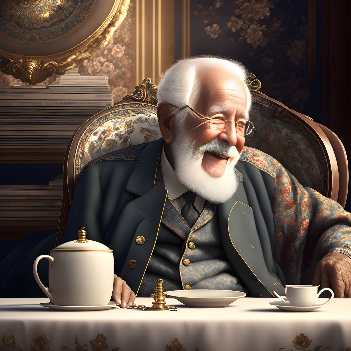 Elderly Gentleman Smiling with Chess Piece and Tea in Elegant Interior