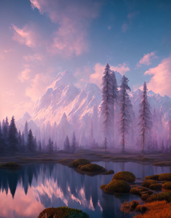 Majestic mountain peaks overlooking serene lake and pine trees in morning mist