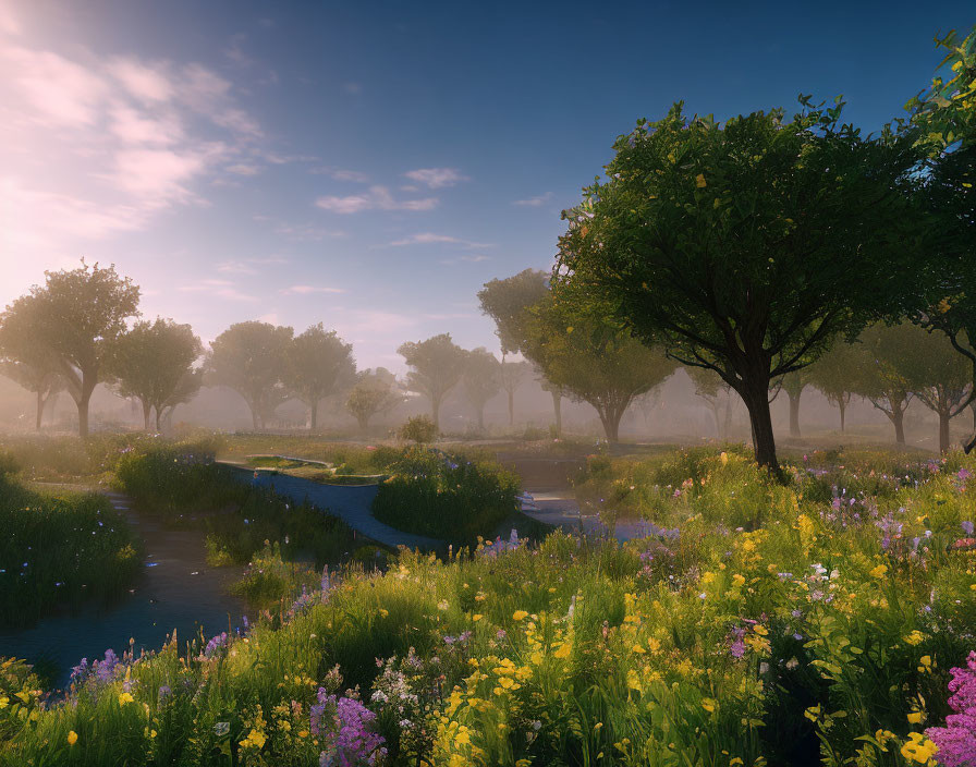 Tranquil sunrise landscape with wildflowers, trees, and meandering stream