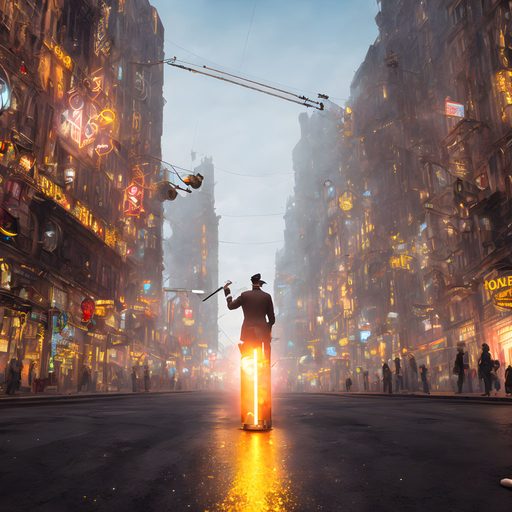 Silhouetted figure on illuminated street at dusk with neon-lit buildings