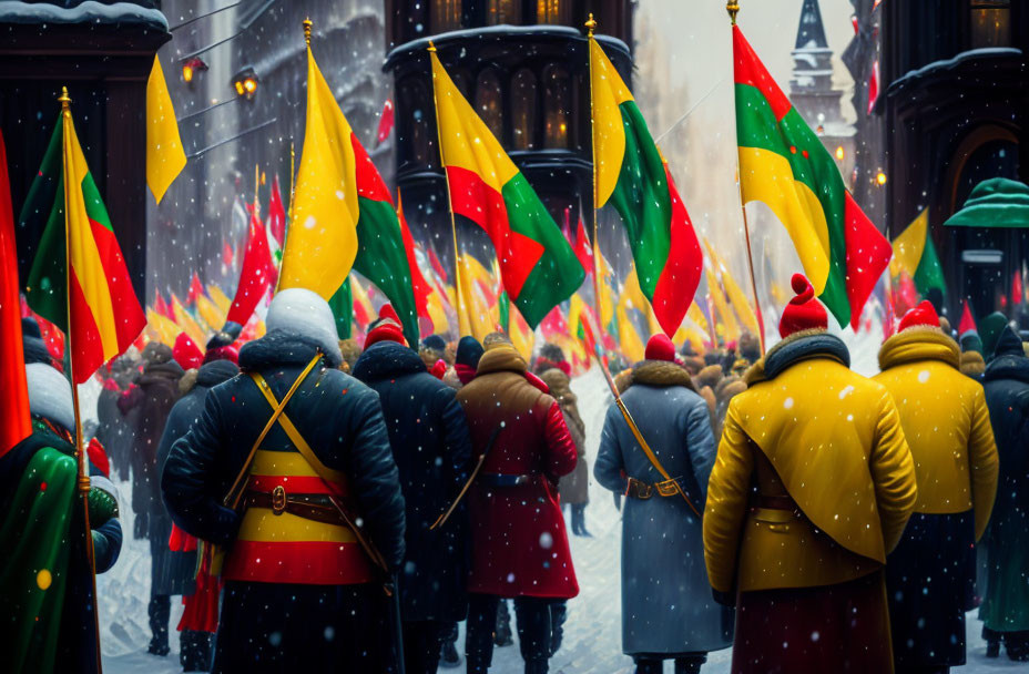 Winter Procession: People with Flags in Snowy Street