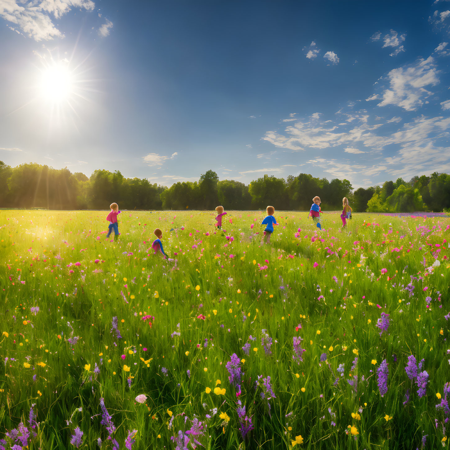 Vibrant wildflower field with children playing under sunny sky