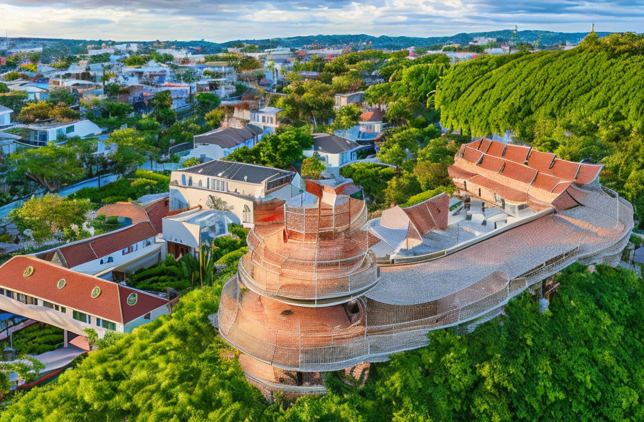 Unique Spiral-Roofed Building Surrounded by Greenery and Suburban Houses