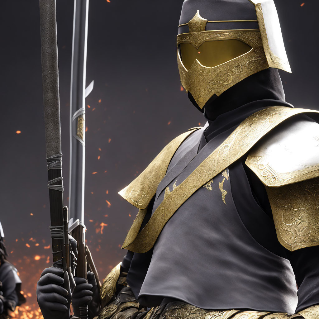 Warrior in Golden and Black Armor with Sword in Fiery Setting