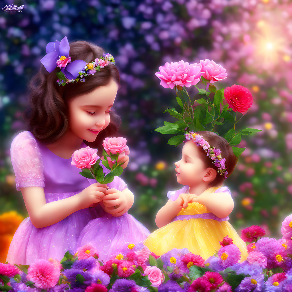 Two girls in floral dresses surrounded by vibrant flowers under soft sunlight