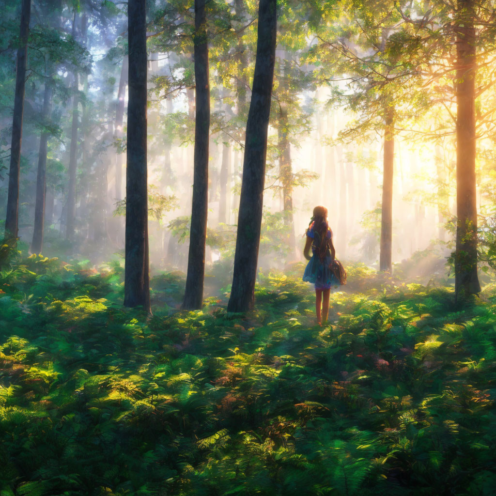 Person standing in sunlit forest with tall trees and green ferns