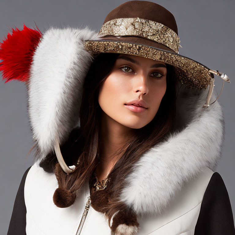 Fashionable Woman Modeling White Fur Hood and Stylish Brown Hat with Red Feather