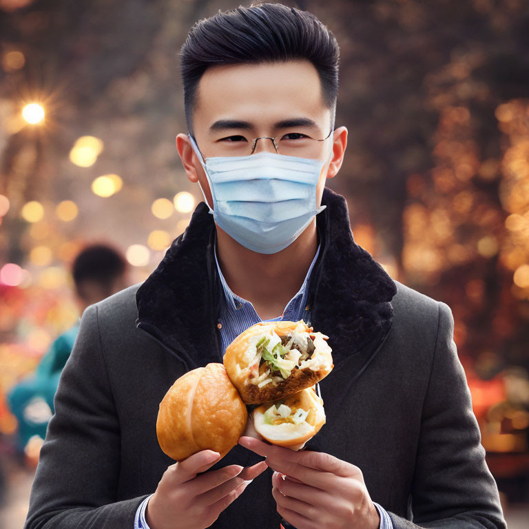 Smiling man in mask holding sandwich with blurred crowd.