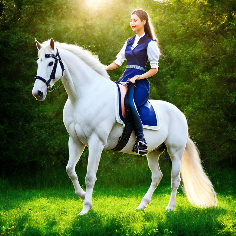 Woman in Blue and White Riding Habit on White Horse in Sunlit Greenery