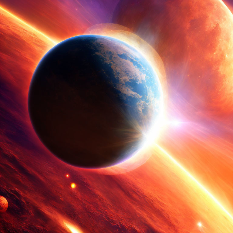 Vibrant space scene with Earth-like planet, sun, and celestial bodies