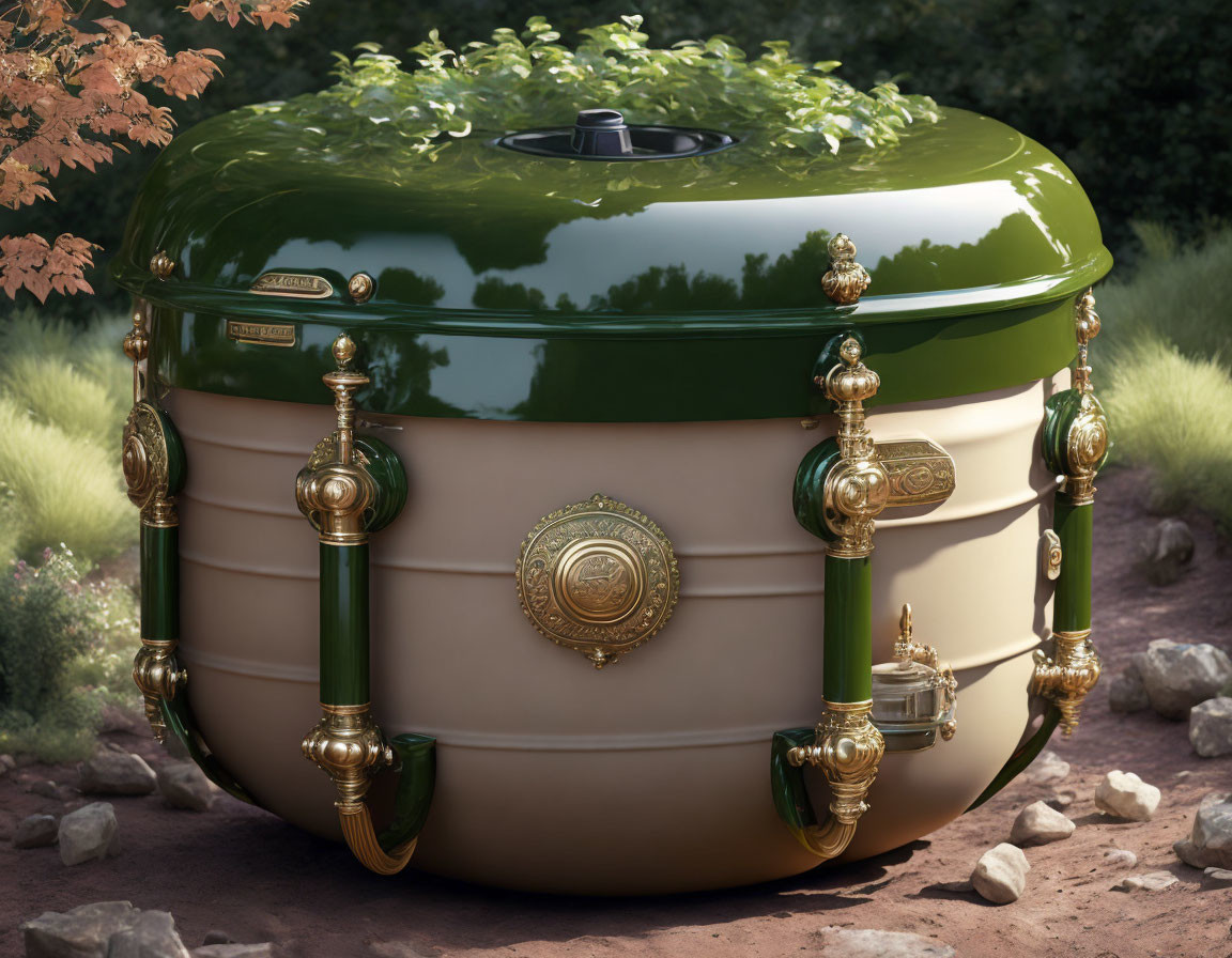 Luxurious Green and Cream Ornate Circular Container with Gold and Brass Accents