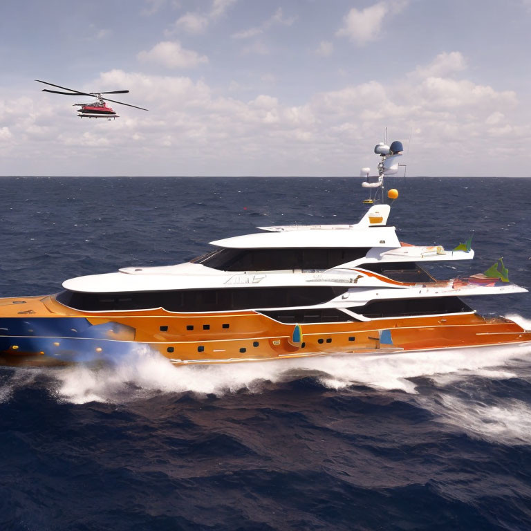 Luxury yacht with helicopter cruising on open sea