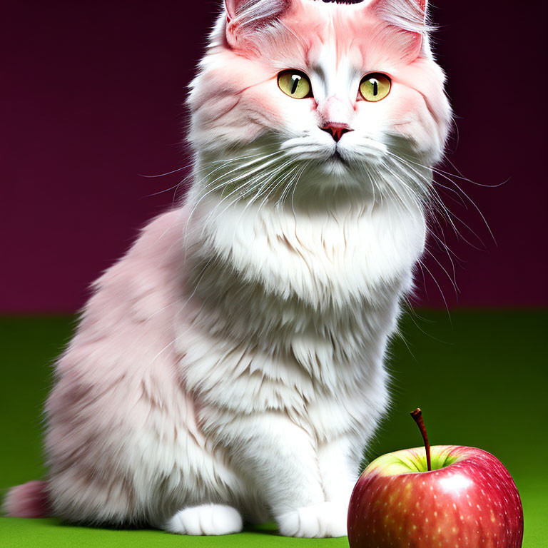 Fluffy White Cat with Yellow Eyes Next to Red Apple on Green Surface